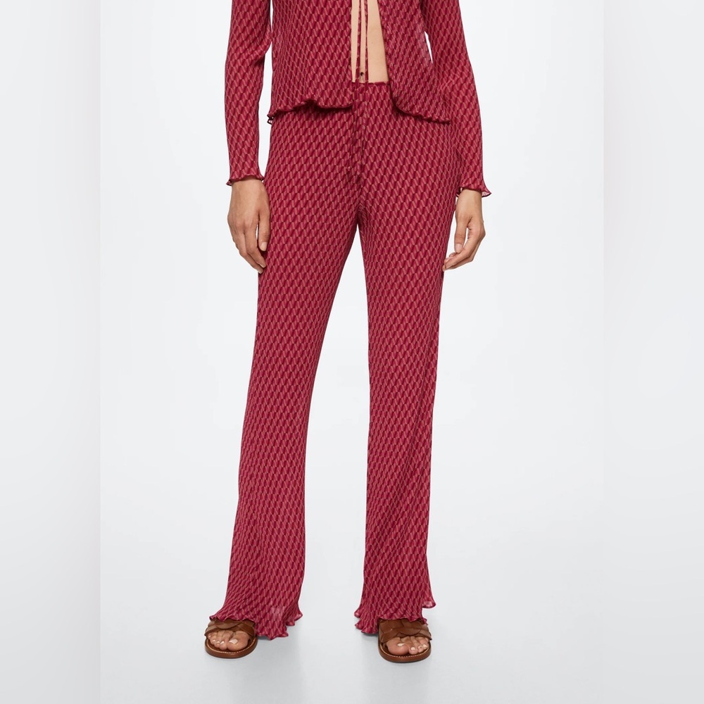 Mango Sz M Crinkle Retro 70s Printed Flare Relaxed Pants